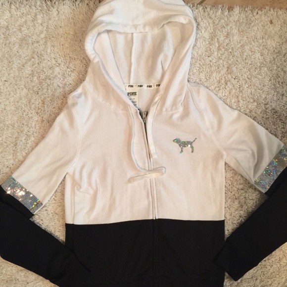 Pink Victoria’s Secret Bling Hoodie zipper sequin color block soft warm sweater - Picture 5 of 8